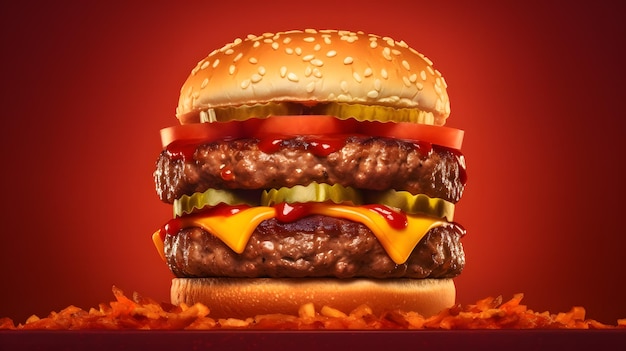 Un hamburger su fondo rosso realizzato con ai generativa