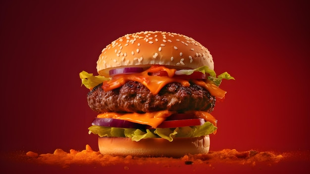 Un hamburger su fondo rosso realizzato con ai generativa