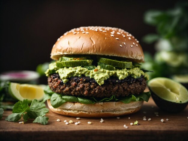 Un hamburger vegano fatto con un pasticcio di fagioli neri fatto in casa coperto di guacamole fresco