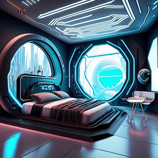 Un holografico intelligente moderno hightech scifi cyberpunk futuristico camera da letto interno decorazione domestica 3D