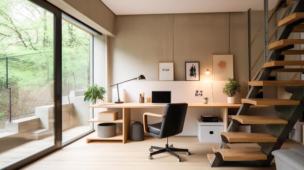Un home office con una grande finestra e una scrivania con sedia e una scrivania con libreria.