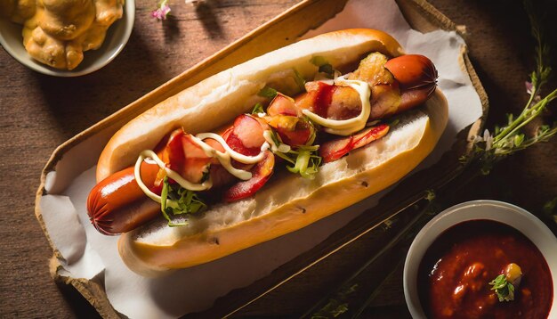 Un hot dog alla griglia, una salsiccia fresca, ketchup e senape.