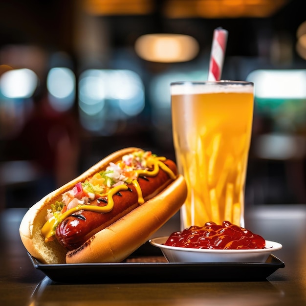 Un hot dog americano con una porzione di patatine fritte e una bevanda ristorante sfocato sullo sfondo