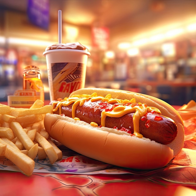 Un hot dog americano con una porzione di patatine fritte ristorante sfocato sullo sfondo