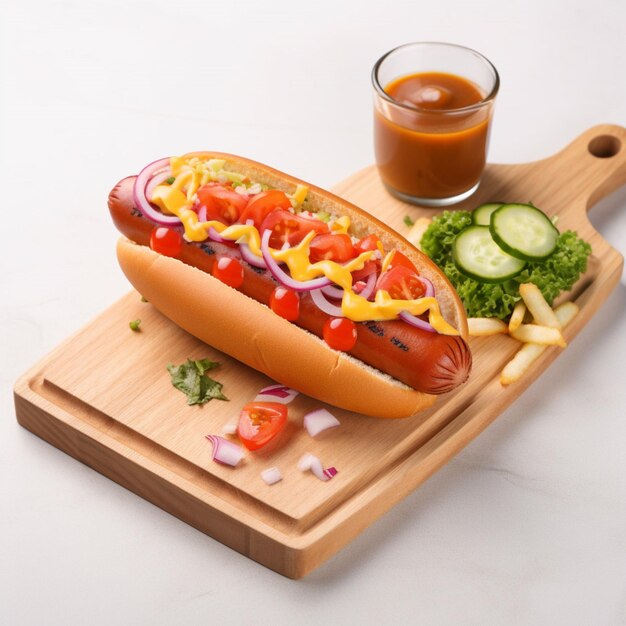 Un hot dog con cipolle, pomodori e cipolle è su un tagliere di legno.