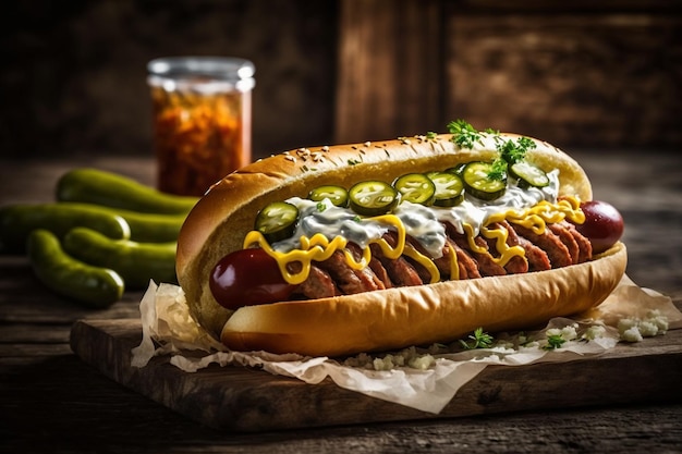 Un hot dog con jalapeno, jalapeno e jalapeno su un tagliere di legno.