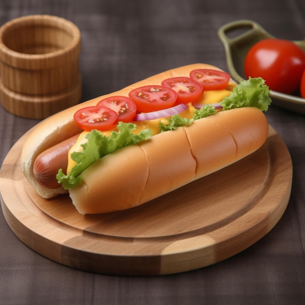 Un hot dog con lattuga e pomodoro su un piatto di legno.