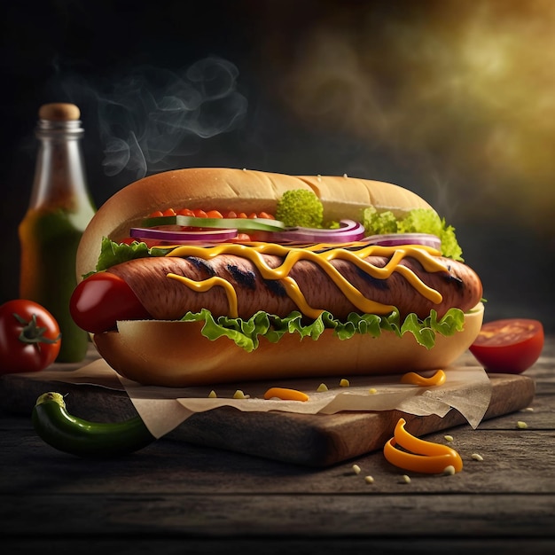 Un hot dog con molti condimenti