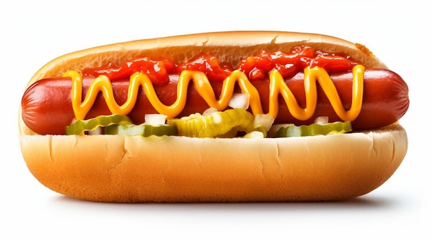 Un hot dog con senape e ketchup su sfondo bianco