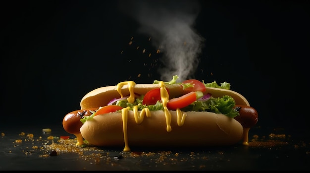 Un hot dog con senape e pomodoro su sfondo nero