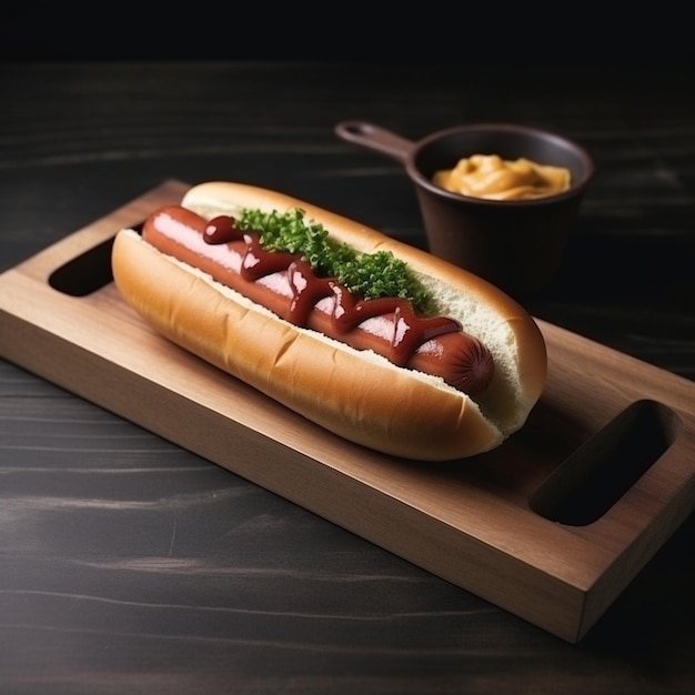Un hot dog con una senape su una tavola di legno