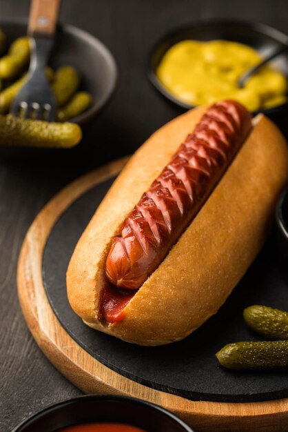 Un hot dog delizioso ad alto angolo.