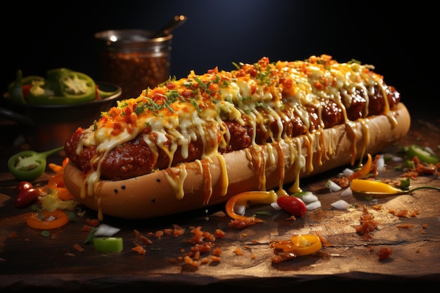 Un hot dog piccante cotto giace sul tavolo su uno sfondo scuro