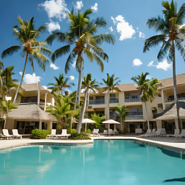 un hotel con palme e una piscina con un cielo blu sullo sfondo
