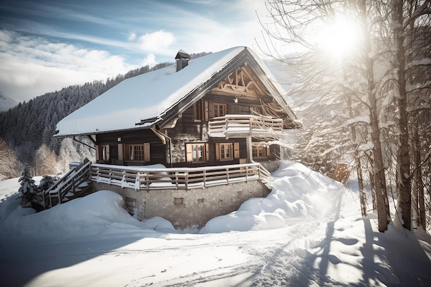 Un hotel di lusso di montagna, un hotel di montagna sullo sfondo di montagne innevate