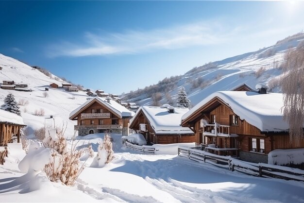 Un hotel di lusso di montagna, un hotel di montagna sullo sfondo di montagne innevate