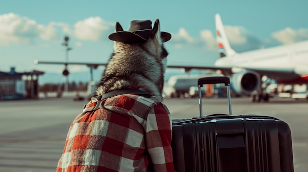 un husky siberiano che indossa una camicia e un cappello turistici che porta una grande valigia all'aeroporto Generative Ai