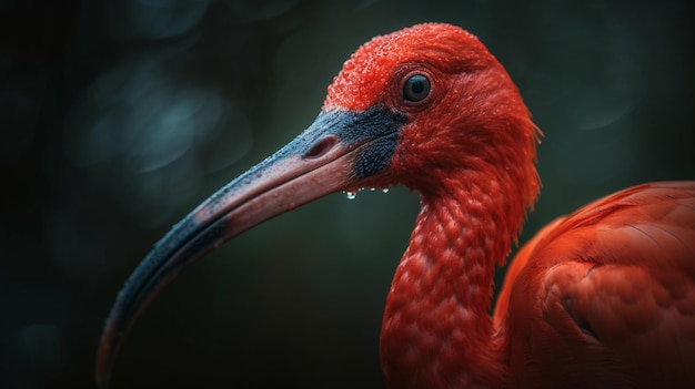Un ibis rosso con becco nero e sfondo nero