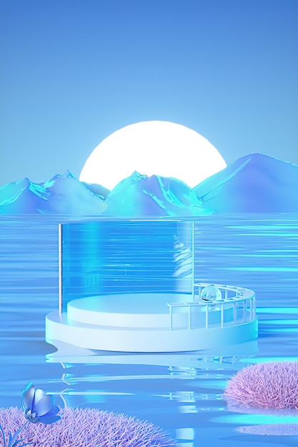 Un iceberg blu con un cerchio bianco con sfondo blu e un grande iceberg sullo sfondo.