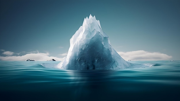 Un iceberg che galleggia nell'oceano con un cielo blu sullo sfondo.