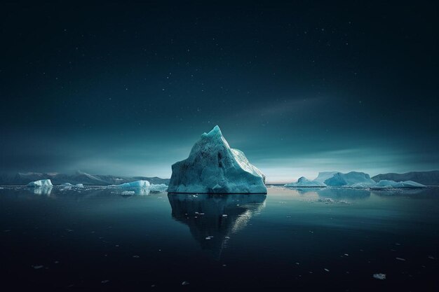 Un iceberg che galleggia sotto un cielo stellato