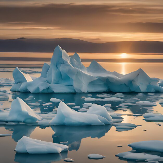 un iceberg con il sole che tramonta dietro di lui