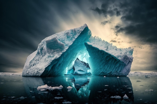 Un iceberg mozzafiato con un bellissimo riflesso sul mare, un concetto con un cielo drammatico.