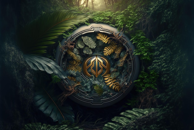 Un'icona astratta che rappresenta il richiamo ecologico al centro di una bellissima giungla incontaminata