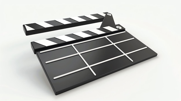 Un'icona clapperboard di film renderizzata in 3D elegante perfetta per progetti legati al film con uno sfondo bianco per un facile isolamento