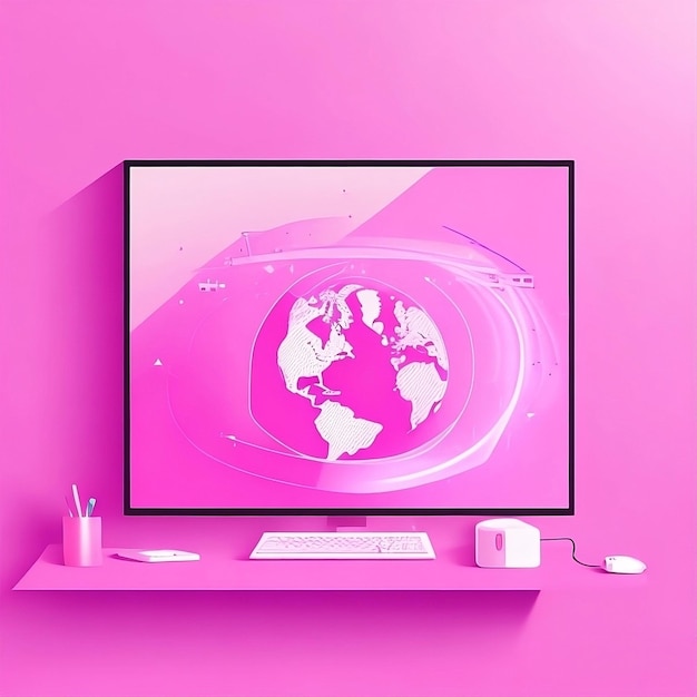 un'icona di set di computer piatto con una mappa del mondo su di essa con sfondo rosa