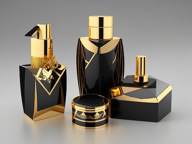 Un'icona di set di packaging per cosmetici di lusso con un tema oro e nero