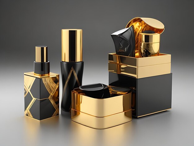 Un'icona di set di packaging per cosmetici di lusso con un tema oro e nero