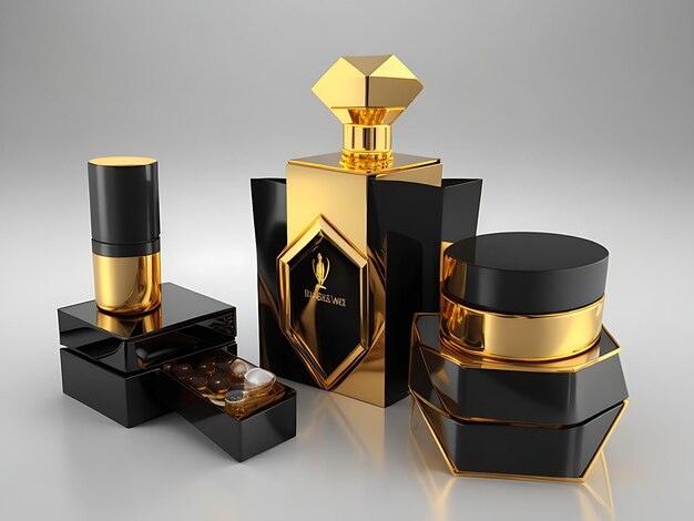 Un'icona di set di packaging per cosmetici di lusso con un tema oro e nero