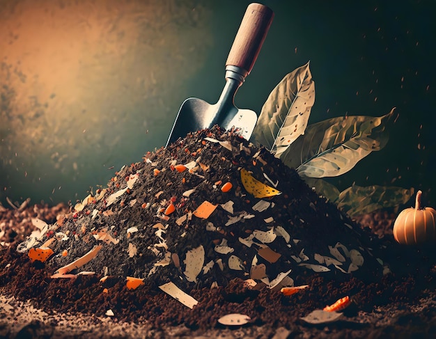 un'icona di un mucchio di compost con una pala e resti di cibo organico