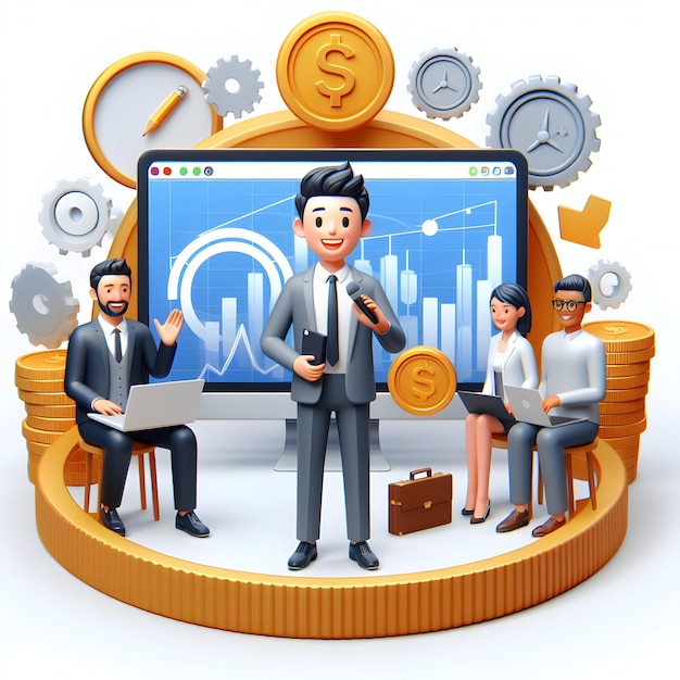Un'icona piatta 3D del concetto commerciale e finanziario felice Esperti del mercato azionario che ospitano un webinar dal vivo o