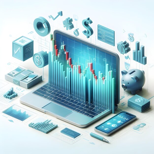 Un'icona piatta 3D di un concetto commerciale e finanziario Un primo piano di un ticker del mercato azionario che mostra il flusso