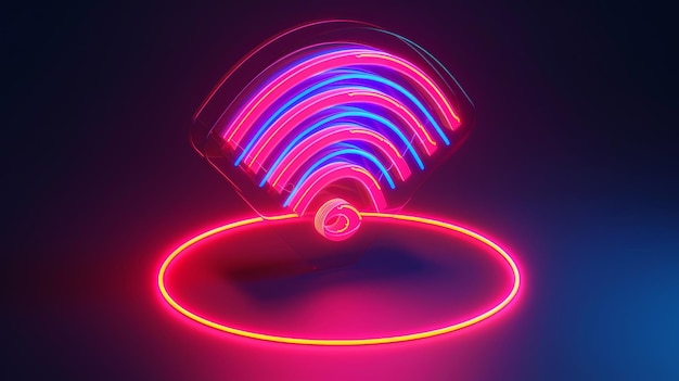Un'icona WiFi 3D in luce al neon Iconica luminosa di segnale d'onda wireless astratta Concetto di linea di echolocalizzazione di scansione del suono Disco spot radiale futuristico per telefono cellulare Antenna sonar concentrica