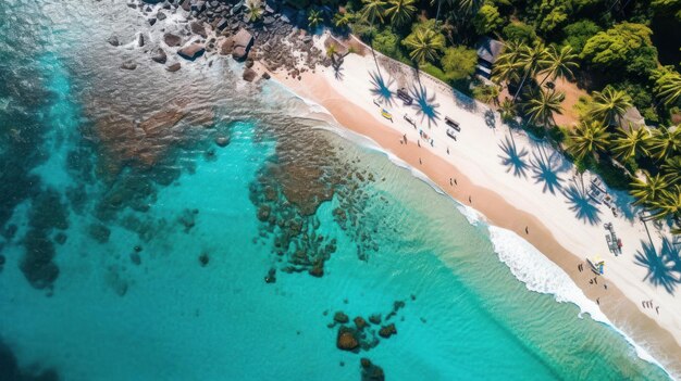 Un'idilliaca spiaggia tropicale con palme da una prospettiva aerea IA generativa