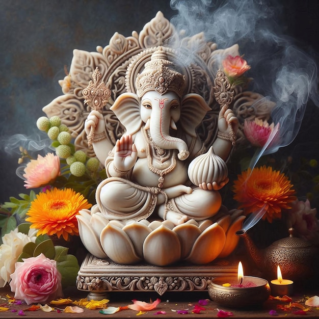 Un idolo di Ganesha splendidamente adornato circondato da fiori e lampade ad olio accese