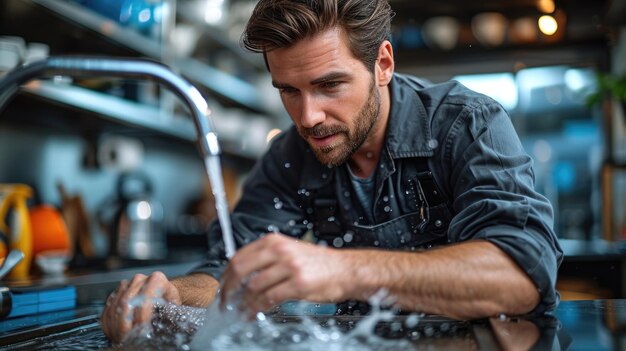 Un idraulico al lavoro con spruzzi d'acqua