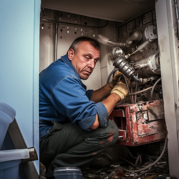 Un idraulico al lavoro in un servizio di riparazione idraulica del bagno