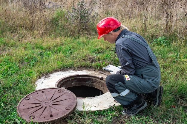 Un idraulico maschio in tuta e casco vicino a un pozzo d'acqua annota le misurazioni effettuate e le letture del contatore dell'acqua