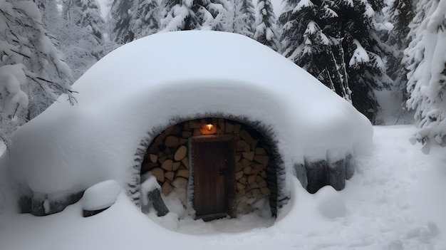 Un igloo innevato con una luce accesa