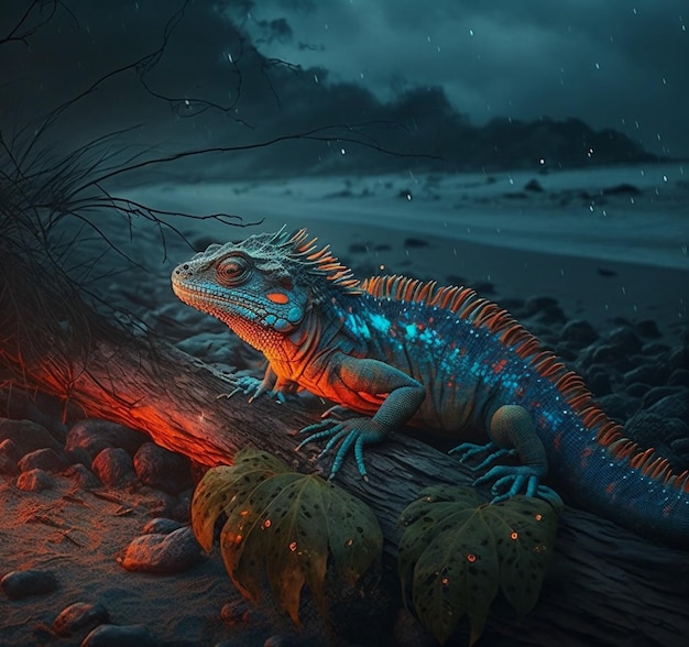 Un'iguana blu siede su un tronco con un fuoco sullo sfondo.