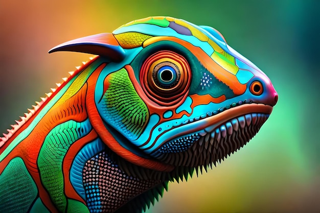 Un'iguana colorata con una grande testa e un grande occhio.
