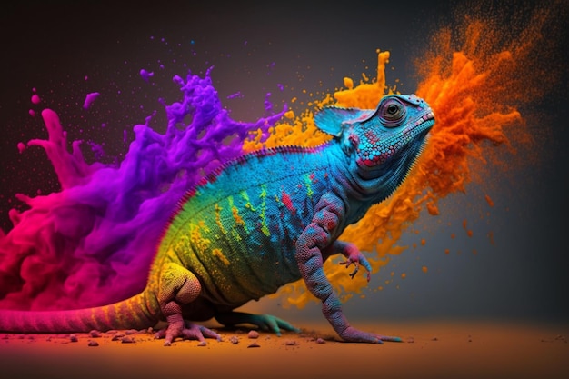 Un'iguana colorata è ricoperta di polvere.