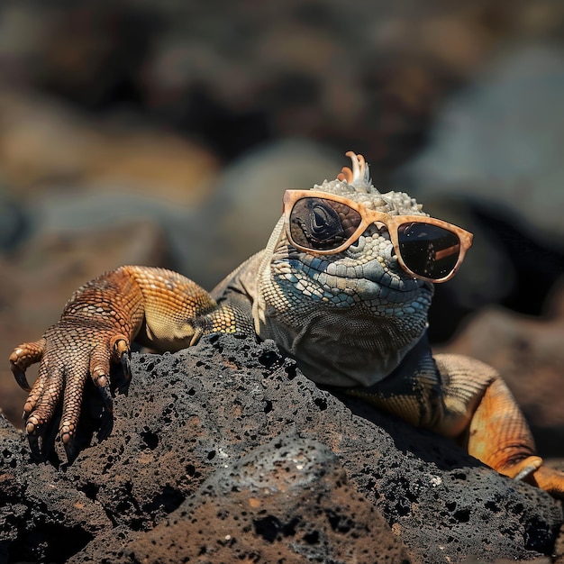 Un'iguana con gli occhiali da sole sdraiata al sole bagnata