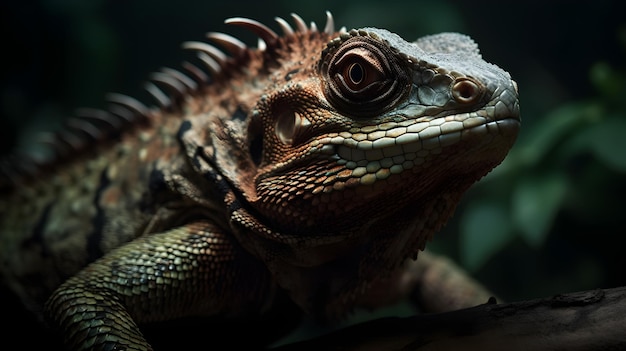 Un'iguana verde con una testa nera e una testa nera.