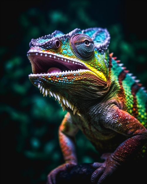 Un'iguana verde e nera con la bocca aperta.