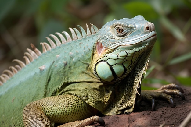 Un'iguana verde è seduta su un ramo nella giungla.